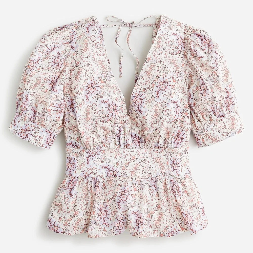 J.Crew Puff-sleeve V-neck Top in Ratti® Paisley Garden Short Sleeve Blouse Shirt